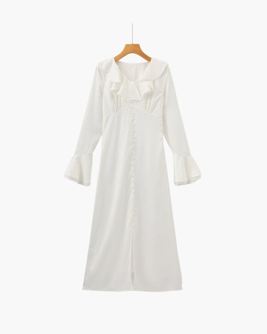 Pearl Button Ruffle Midi Dress | Savile & Co.