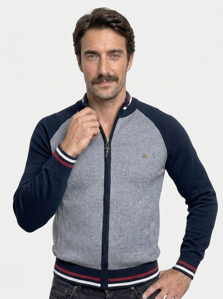 Zipper Color Block Standing Collar Cardigan Sweater | Savile & Co.