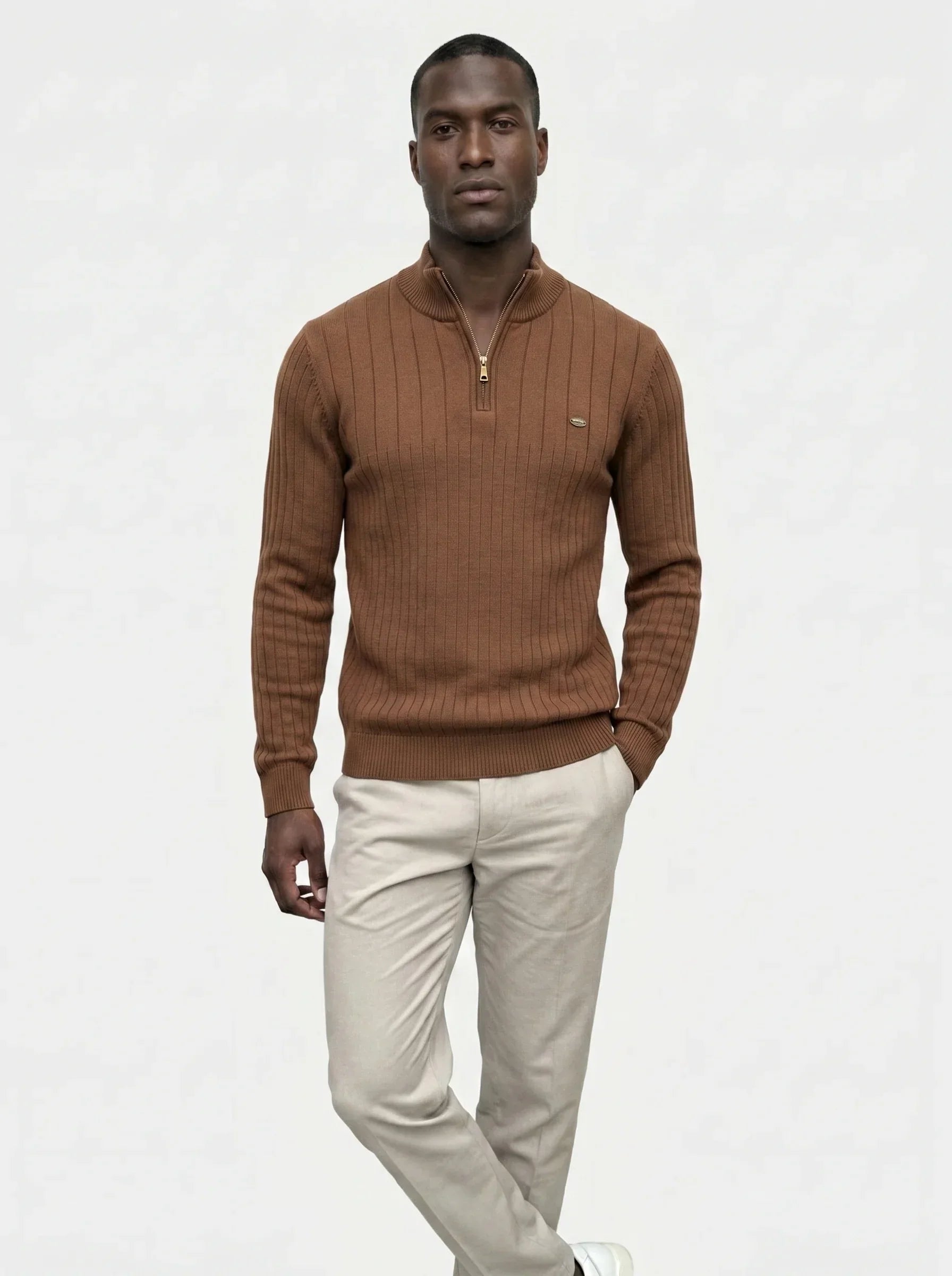 Cotton Knit Vertical Stripes Quarter-Zip Sweater | Savile & Co.