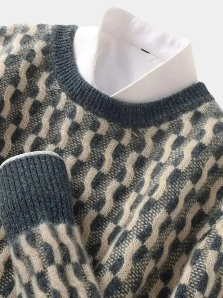 100% Wool Geometric Crew Neck Pullover Sweater | Savile & Co.