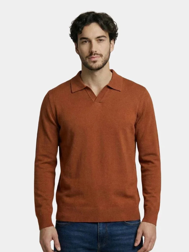 100% Wool Knit V Neck Turndown Polo Pullover | Savile & Co.
