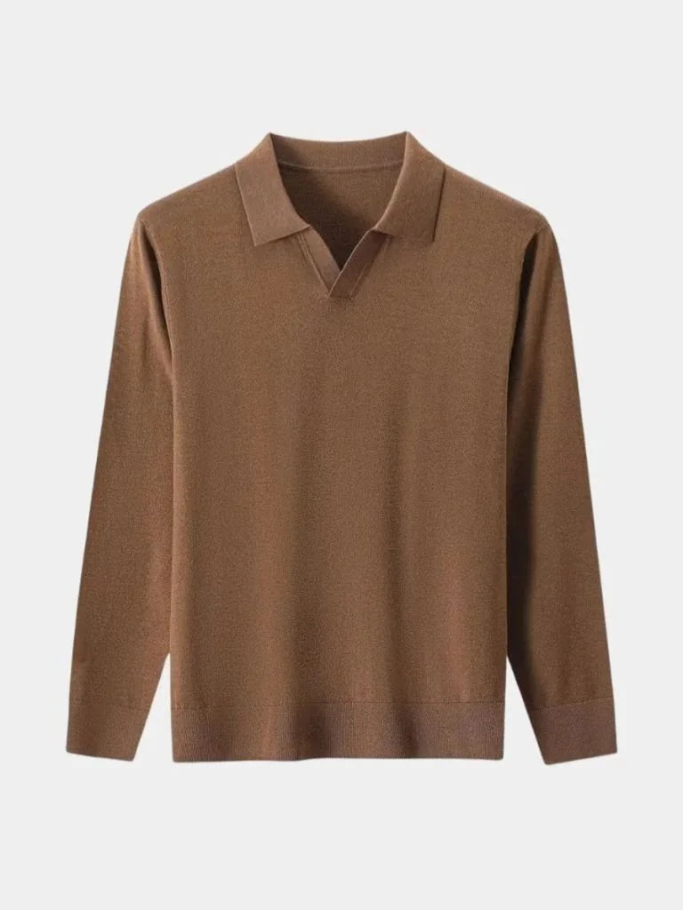 100% Wool Knit V Neck Turndown Polo Pullover | Savile & Co.