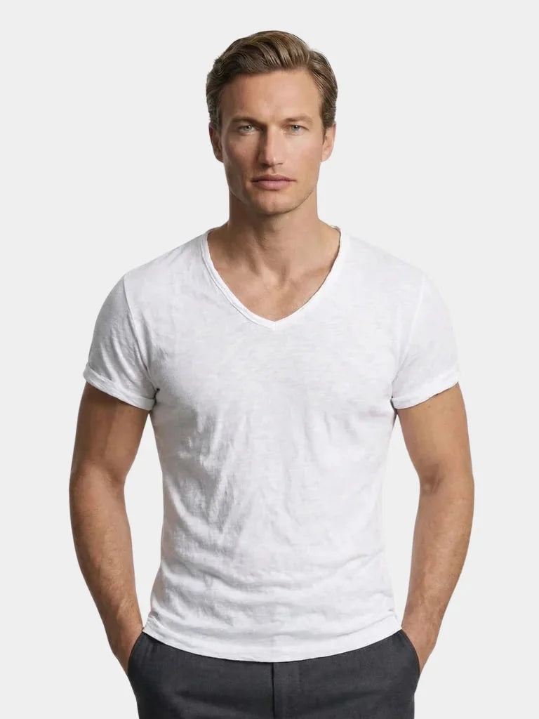 Albo Classic Linen V Neck T-Shirt | Savile & Co.
