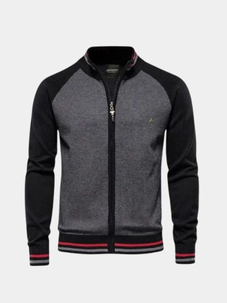 Zipper Color Block Standing Collar Cardigan Sweater | Savile & Co.