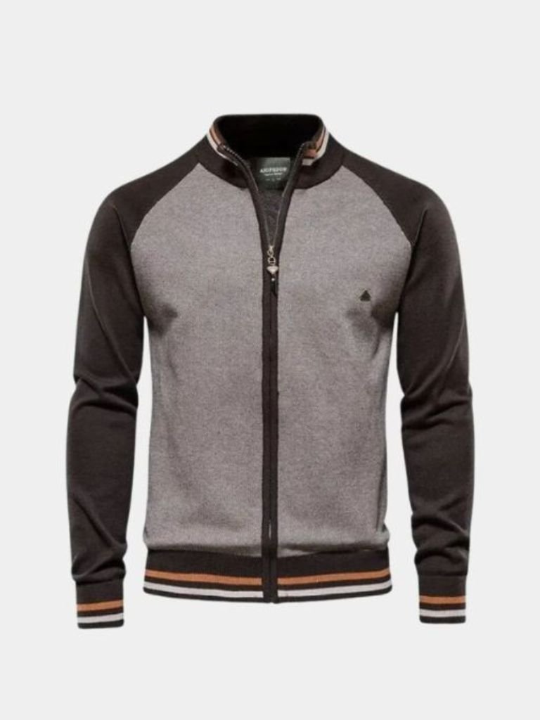 Zipper Color Block Standing Collar Cardigan Sweater | Savile & Co.