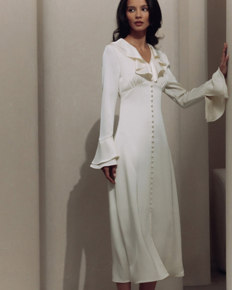 Pearl Button Ruffle Midi Dress | Savile & Co.