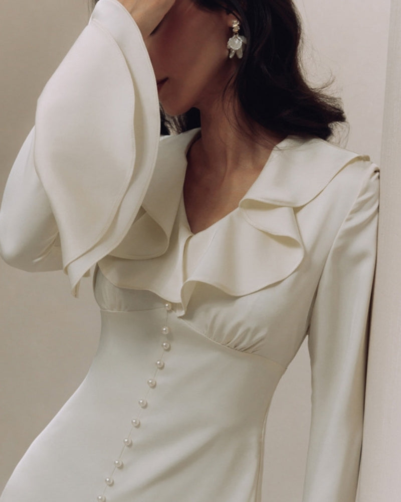 Pearl Button Ruffle Midi Dress | Savile & Co.