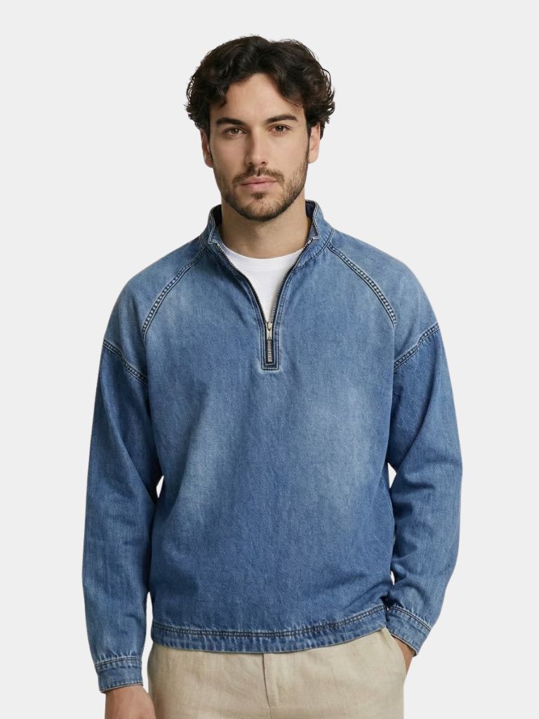 Stonewash Denim Quarter Zip Jacket | Savile & Co.