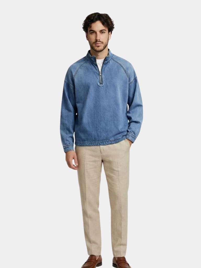 Stonewash Denim Quarter Zip Jacket | Savile & Co.