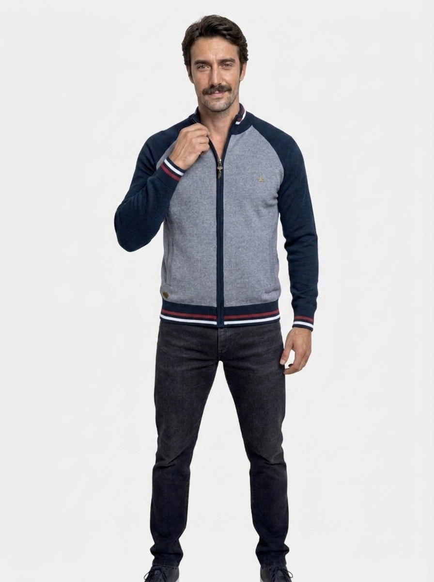 Zipper Color Block Standing Collar Cardigan Sweater | Savile & Co.