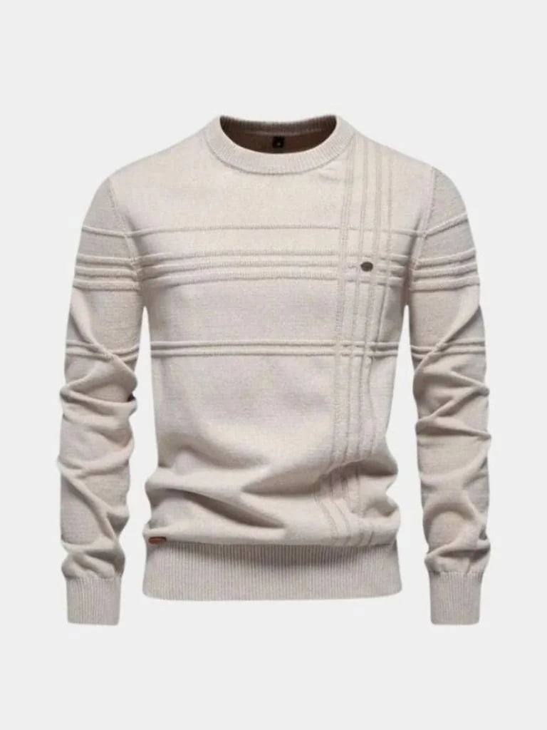 Cotton Knitted Stripped Crew Neck Pullover Sweater | Savile & Co.