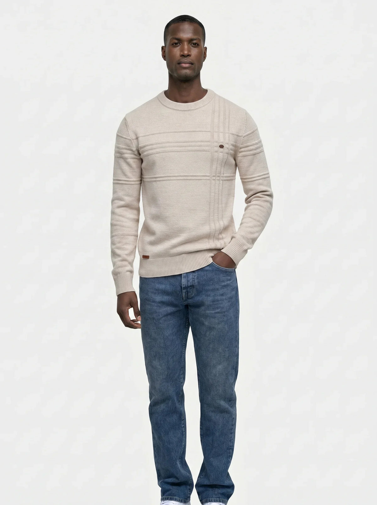 Cotton Knitted Stripped Crew Neck Pullover Sweater | Savile & Co.