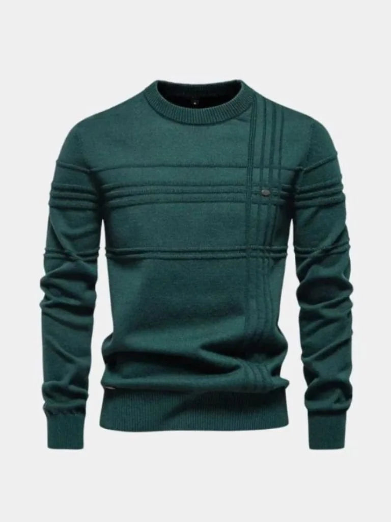 Cotton Knitted Stripped Crew Neck Pullover Sweater | Savile & Co.