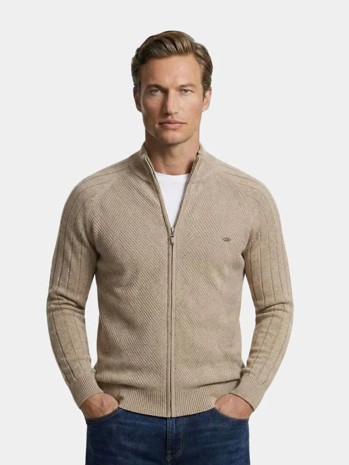 Knit Zipper Jacquard Solid Color Cardigan Sweater | Savile & Co.
