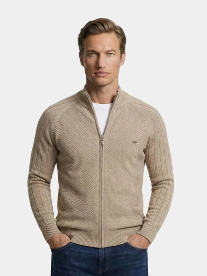 Knit Zipper Jacquard Solid Color Cardigan Sweater | Savile & Co.