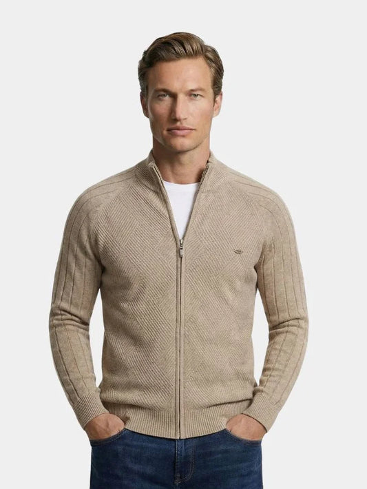 Knit Zipper Jacquard Solid Color Cardigan Sweater | Savile & Co.
