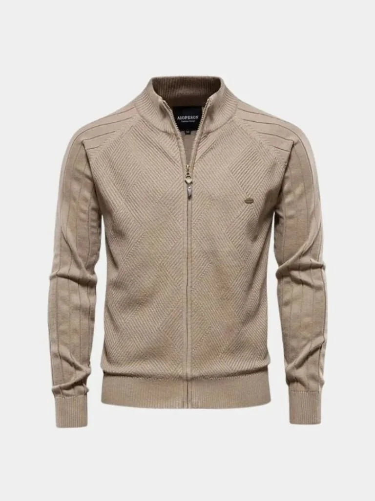 Knit Zipper Jacquard Solid Color Cardigan Sweater | Savile & Co.