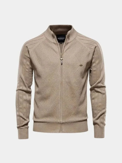 Knit Zipper Jacquard Solid Color Cardigan Sweater | Savile & Co.