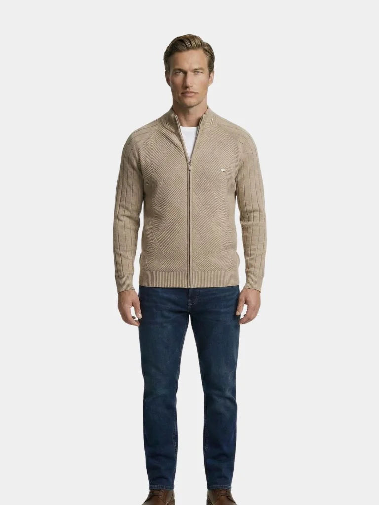 Knit Zipper Jacquard Solid Color Cardigan Sweater | Savile & Co.