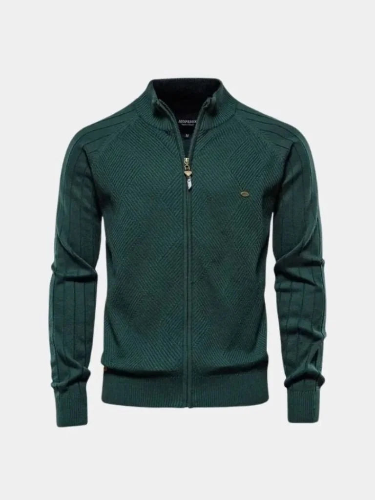 Knit Zipper Jacquard Solid Color Cardigan Sweater | Savile & Co.