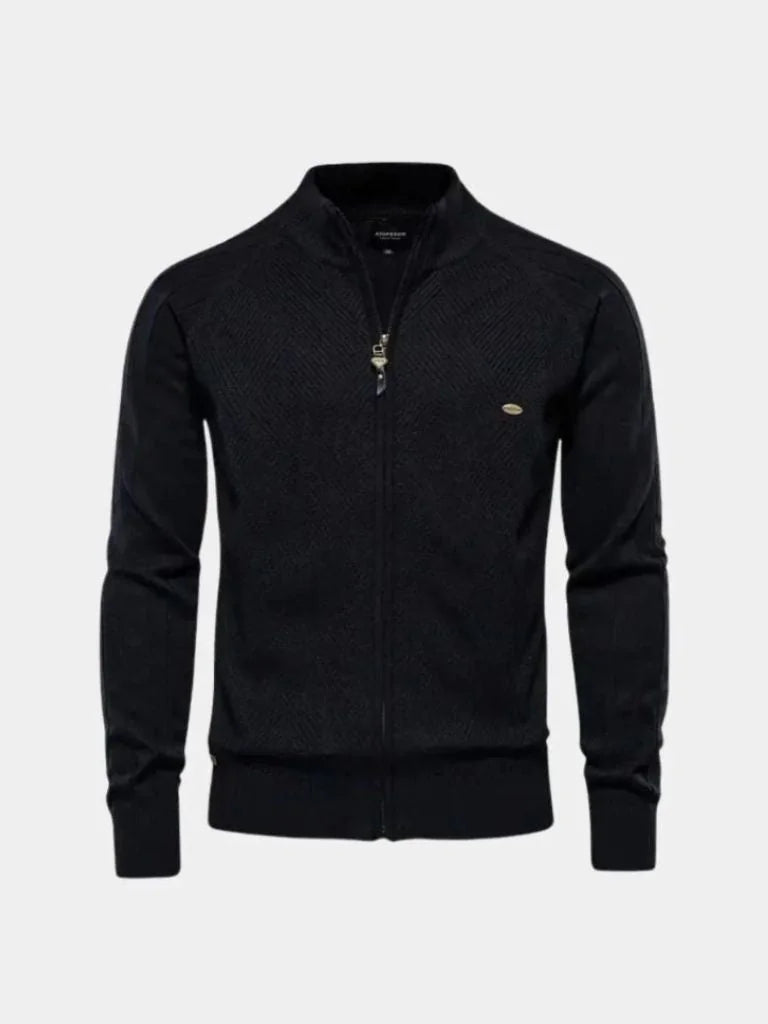 Knit Zipper Jacquard Solid Color Cardigan Sweater | Savile & Co.