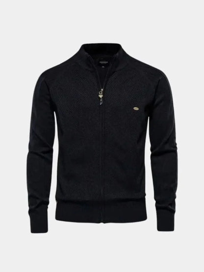 Knit Zipper Jacquard Solid Color Cardigan Sweater | Savile & Co.
