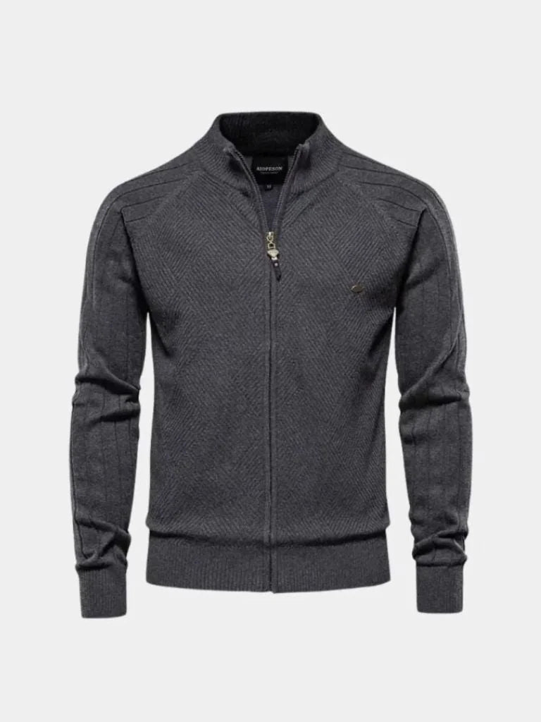 Knit Zipper Jacquard Solid Color Cardigan Sweater | Savile & Co.