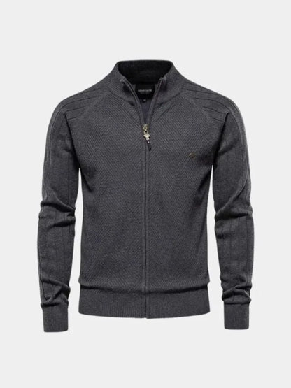 Knit Zipper Jacquard Solid Color Cardigan Sweater | Savile & Co.