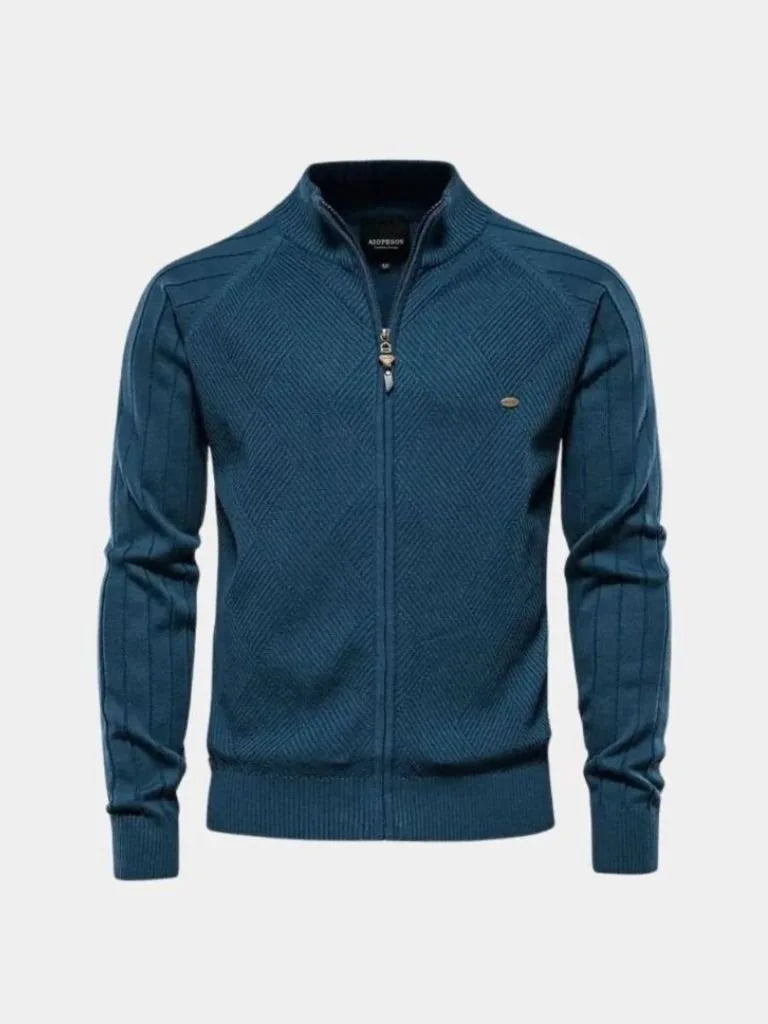 Knit Zipper Jacquard Solid Color Cardigan Sweater | Savile & Co.