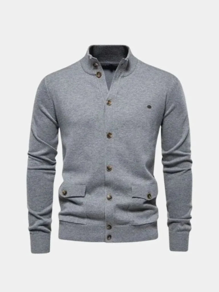 Knitted Stand Collar Cotton Cardigan | Savile & Co.