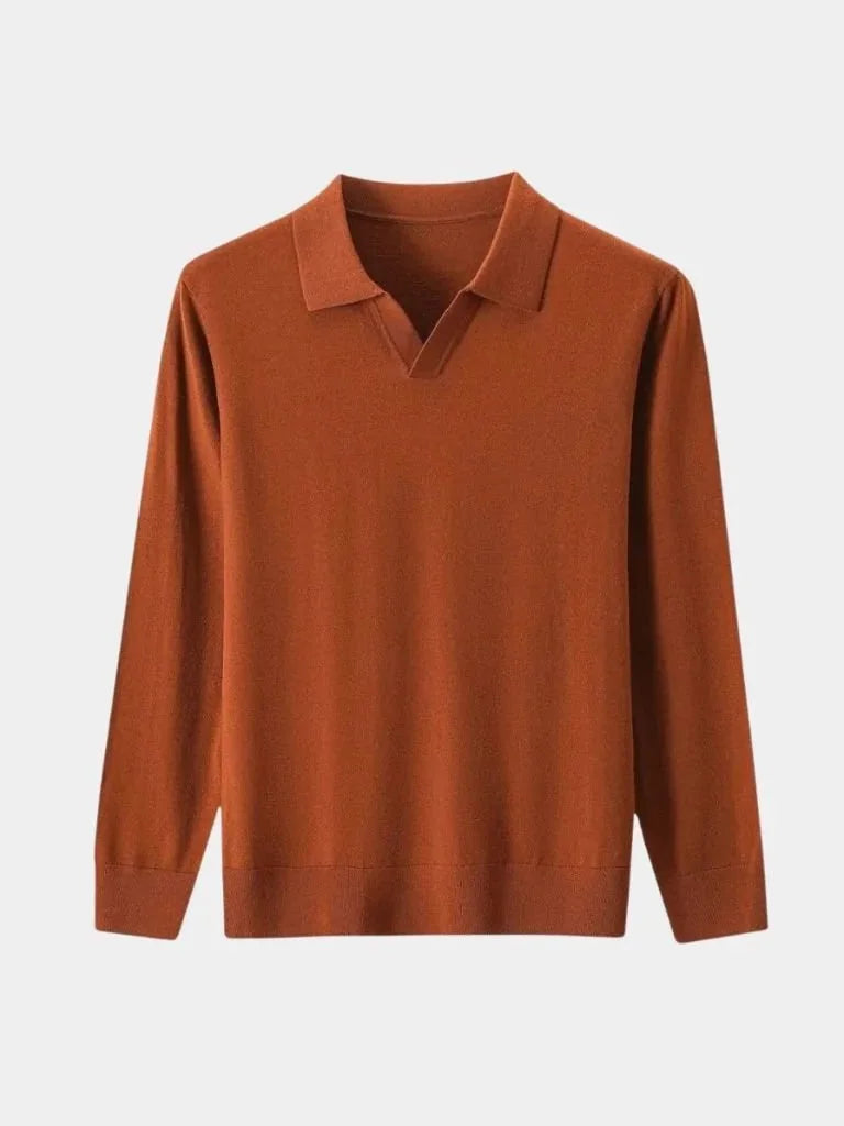 100% Wool Knit V Neck Turndown Polo Pullover | Savile & Co.