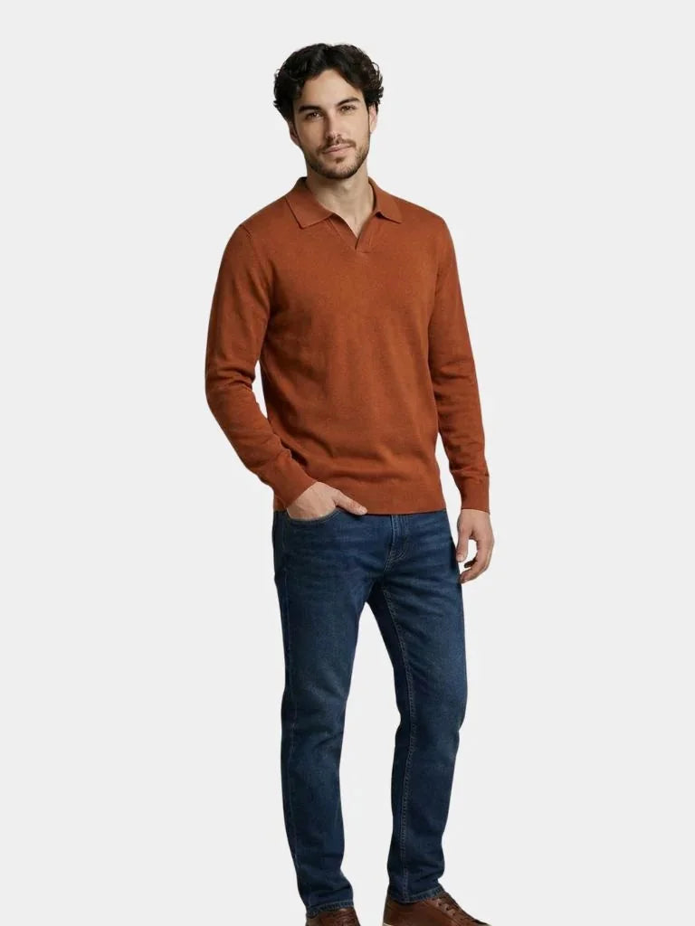 100% Wool Knit V Neck Turndown Polo Pullover | Savile & Co.