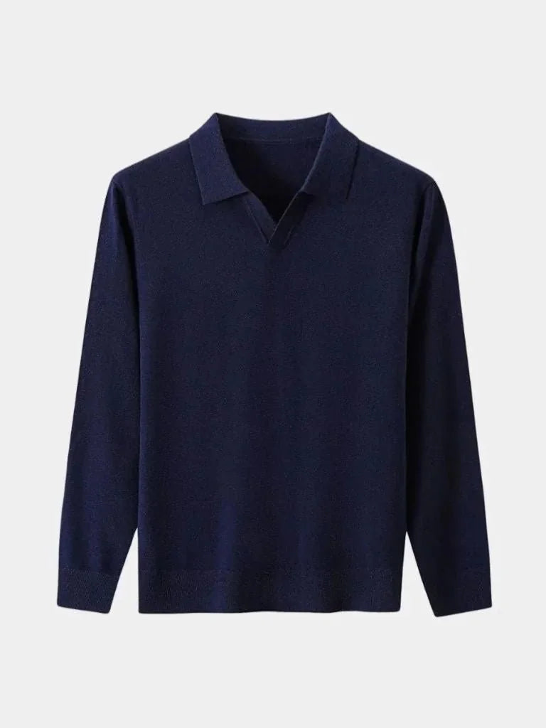 100% Wool Knit V Neck Turndown Polo Pullover | Savile & Co.