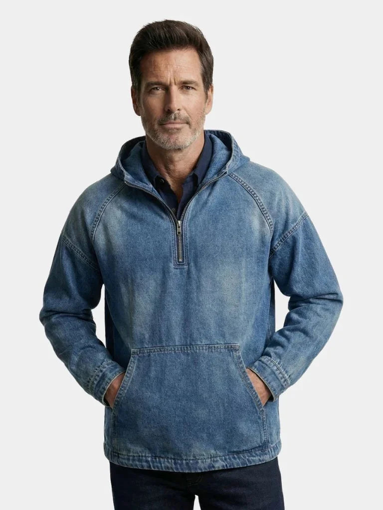 Artisan Denim Smock Quarter Zip Hooded Jacket | Savile & Co.