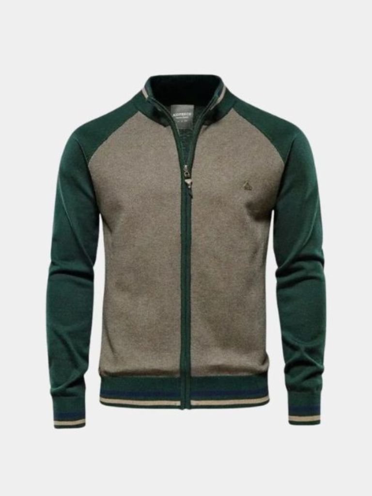 Zipper Color Block Standing Collar Cardigan Sweater | Savile & Co.