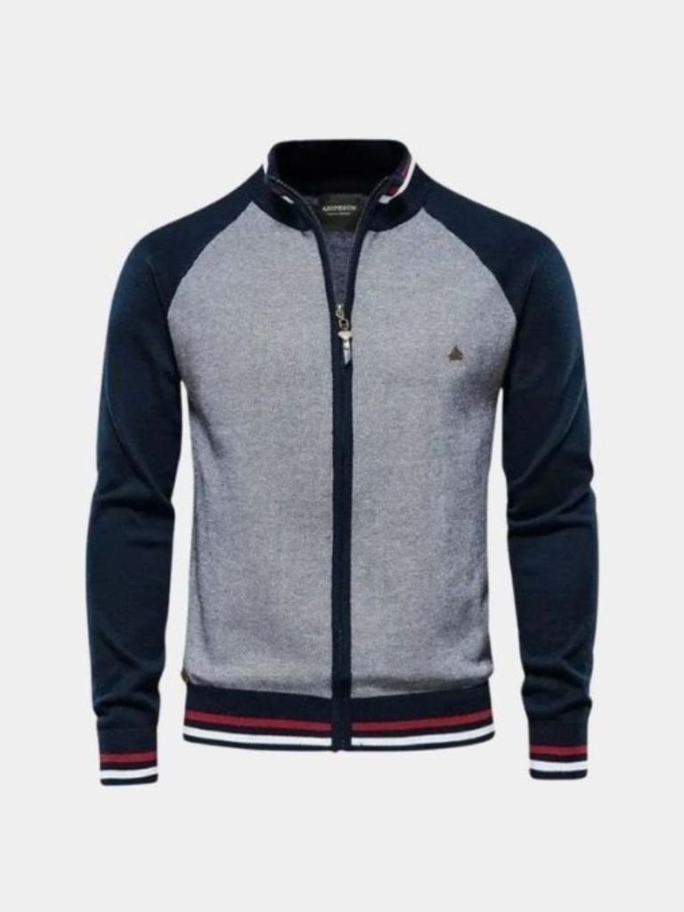 Zipper Color Block Standing Collar Cardigan Sweater | Savile & Co.